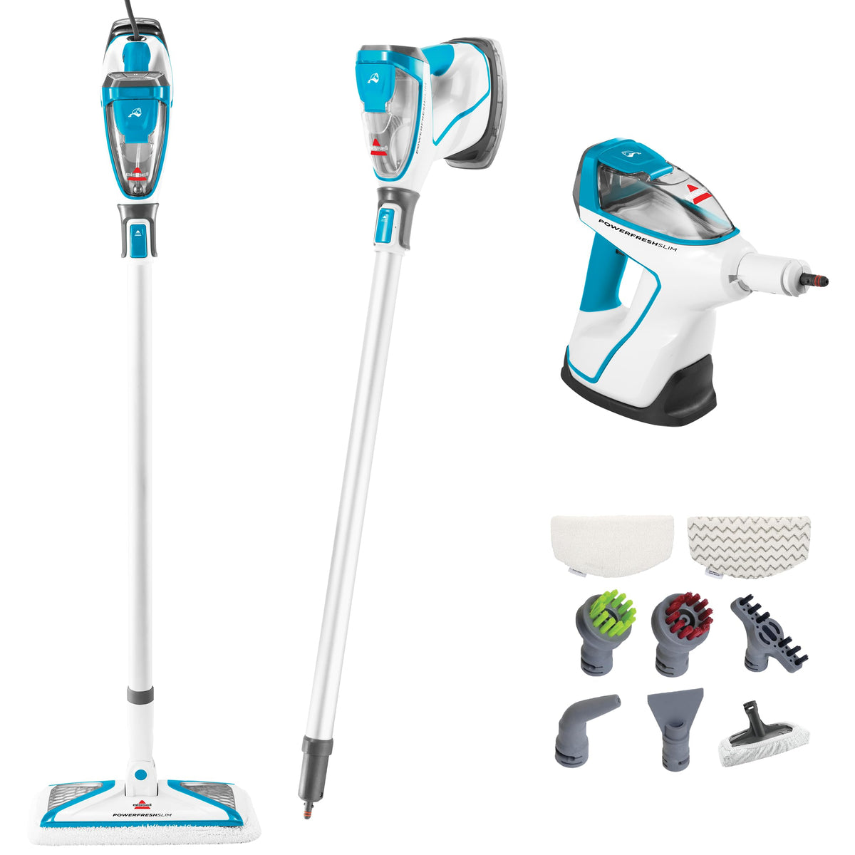 Bissell PowerFresh Slim 3-in-1 steam mop upright cleaning sealed floors with on-demand steam.