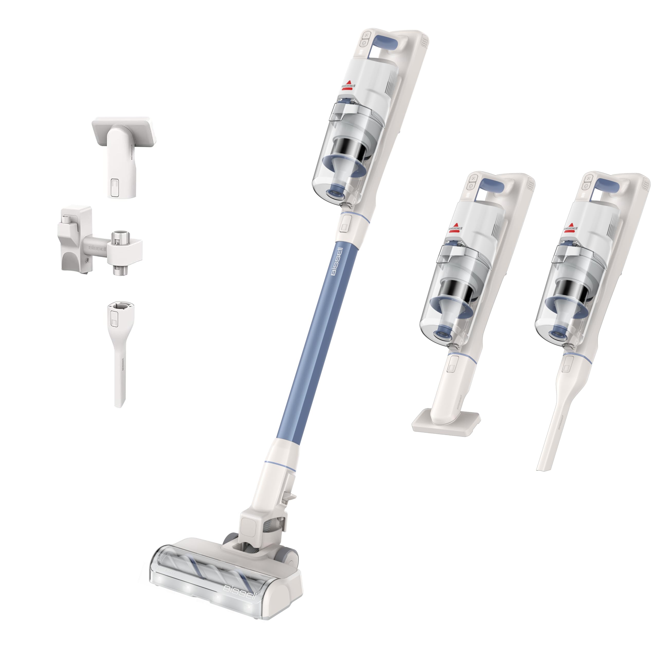Bissell PowerClean cordless stick vacuum in self-standing mode for easy pause-and-clean.
