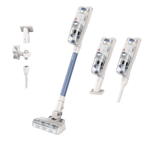 Bissell PowerClean cordless stick vacuum in self-standing mode for easy pause-and-clean.