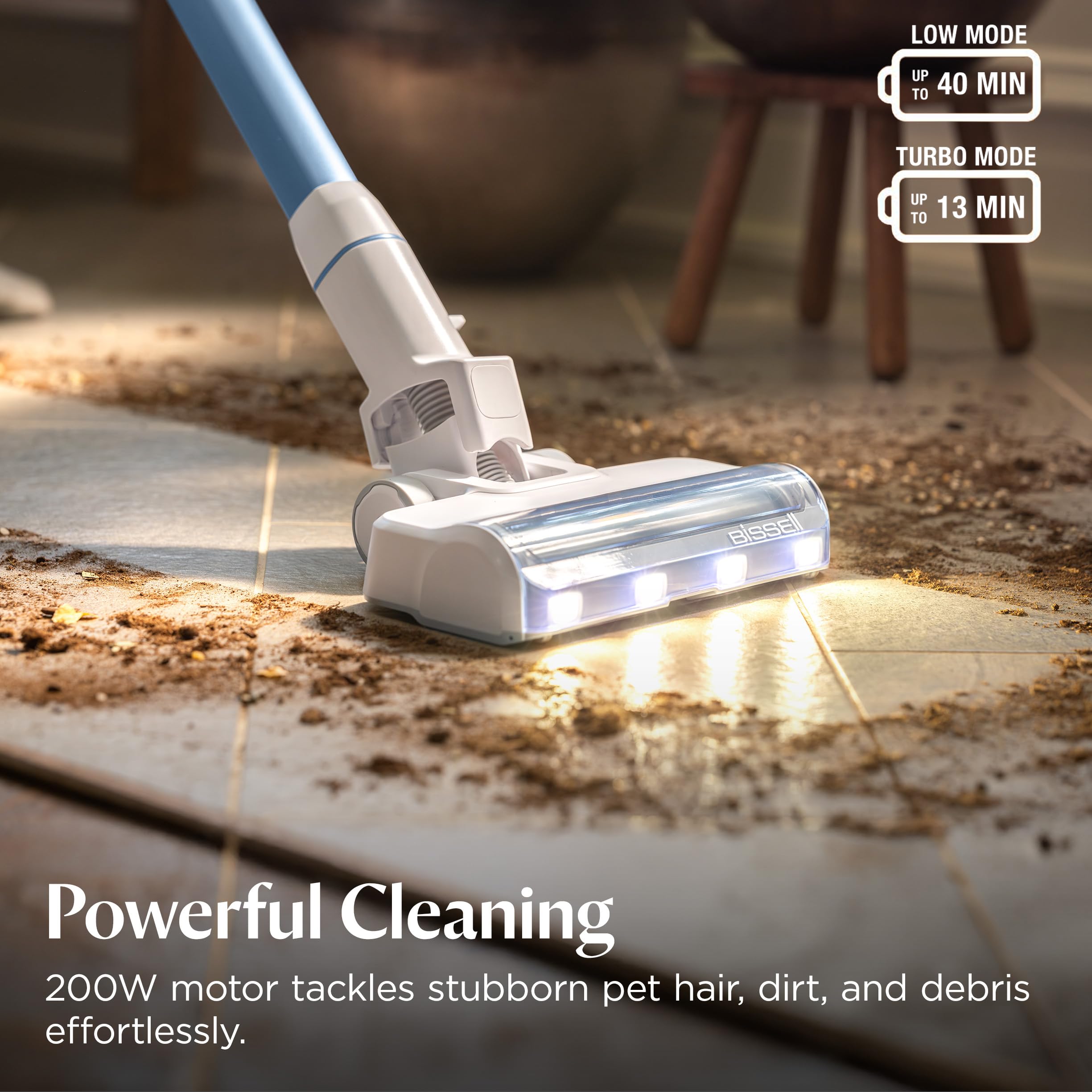 Bissell PowerClean with a tangle-free brush roll to reduce hair wrap during pet hair cleanup.