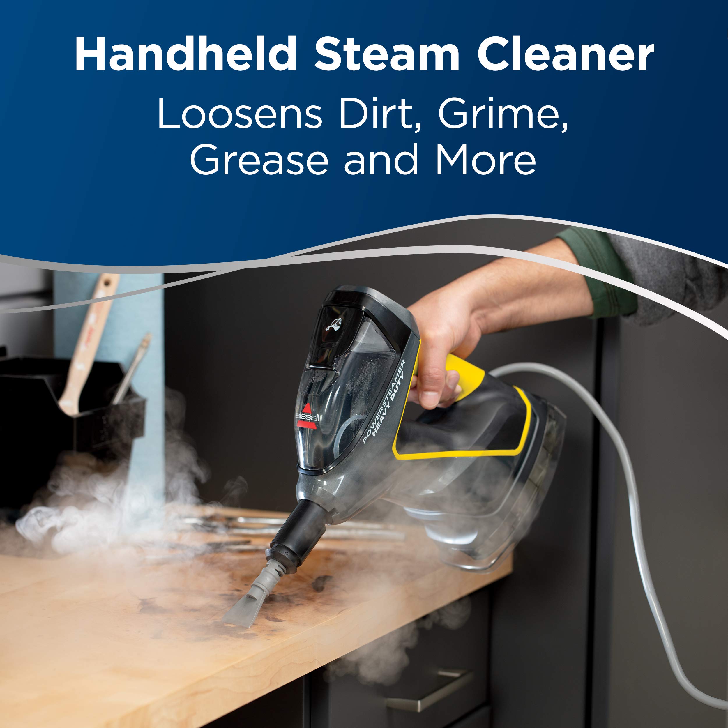 Bissell PowerSteamer cleaning windows with high-temperature steam.