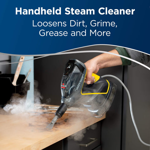 Bissell PowerSteamer cleaning windows with high-temperature steam.