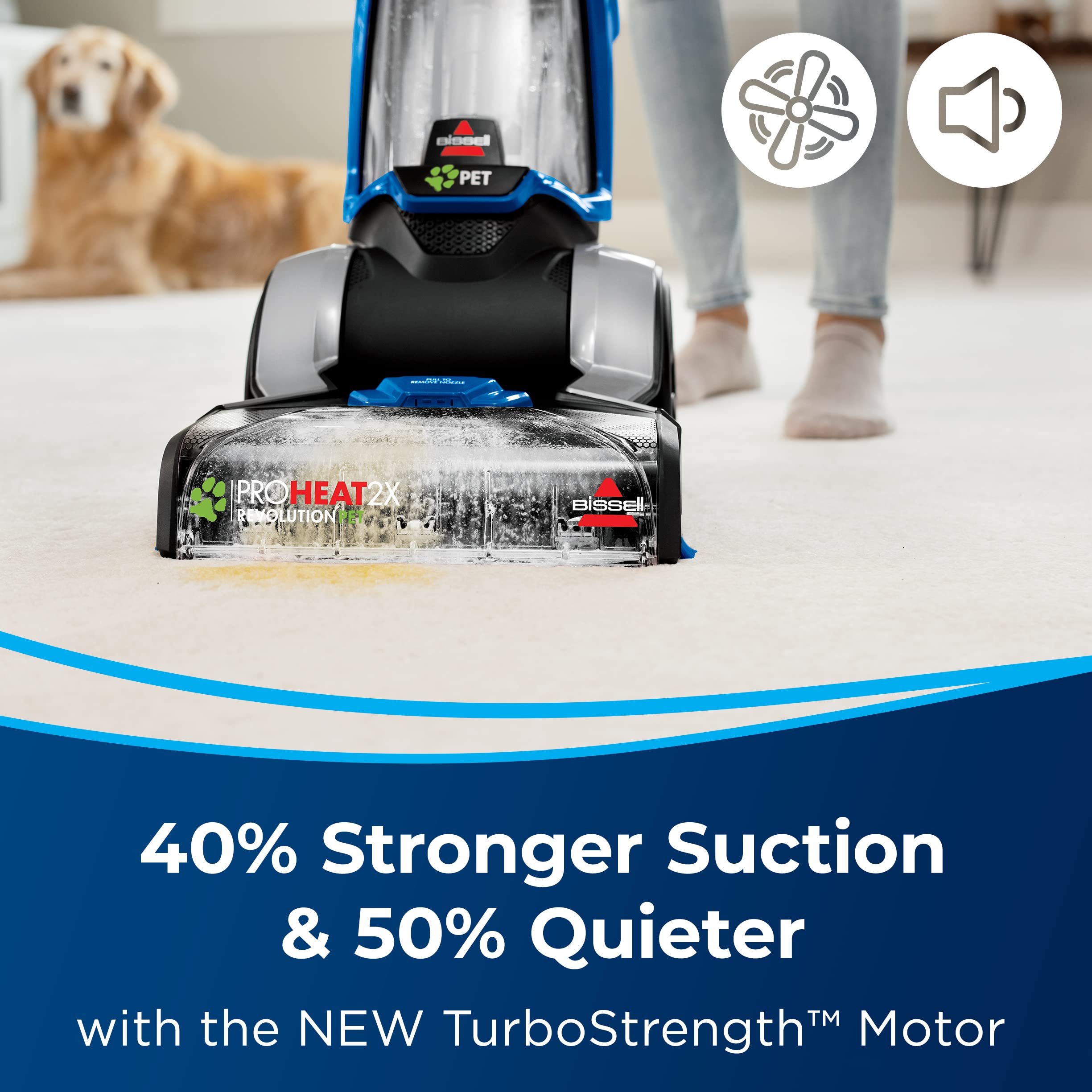 Dual DirtLifter PowerBrushes lifting embedded dirt from carpets.
