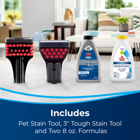 Hose and tools enable cleaning stairs, upholstery, and hard-to-reach areas.