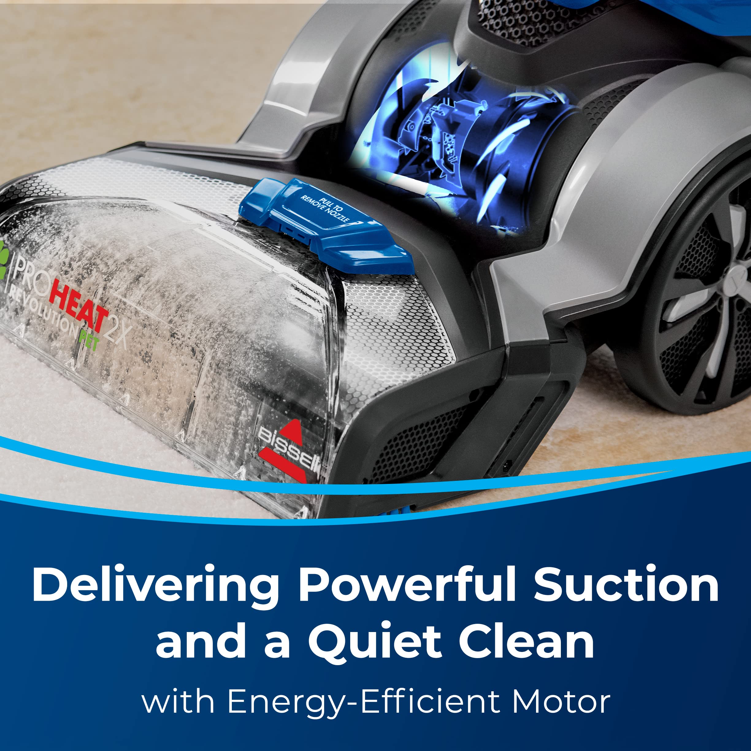 Detail of the motor on BISSELL ProHeat 2X Revolution Pet for powerful suction.