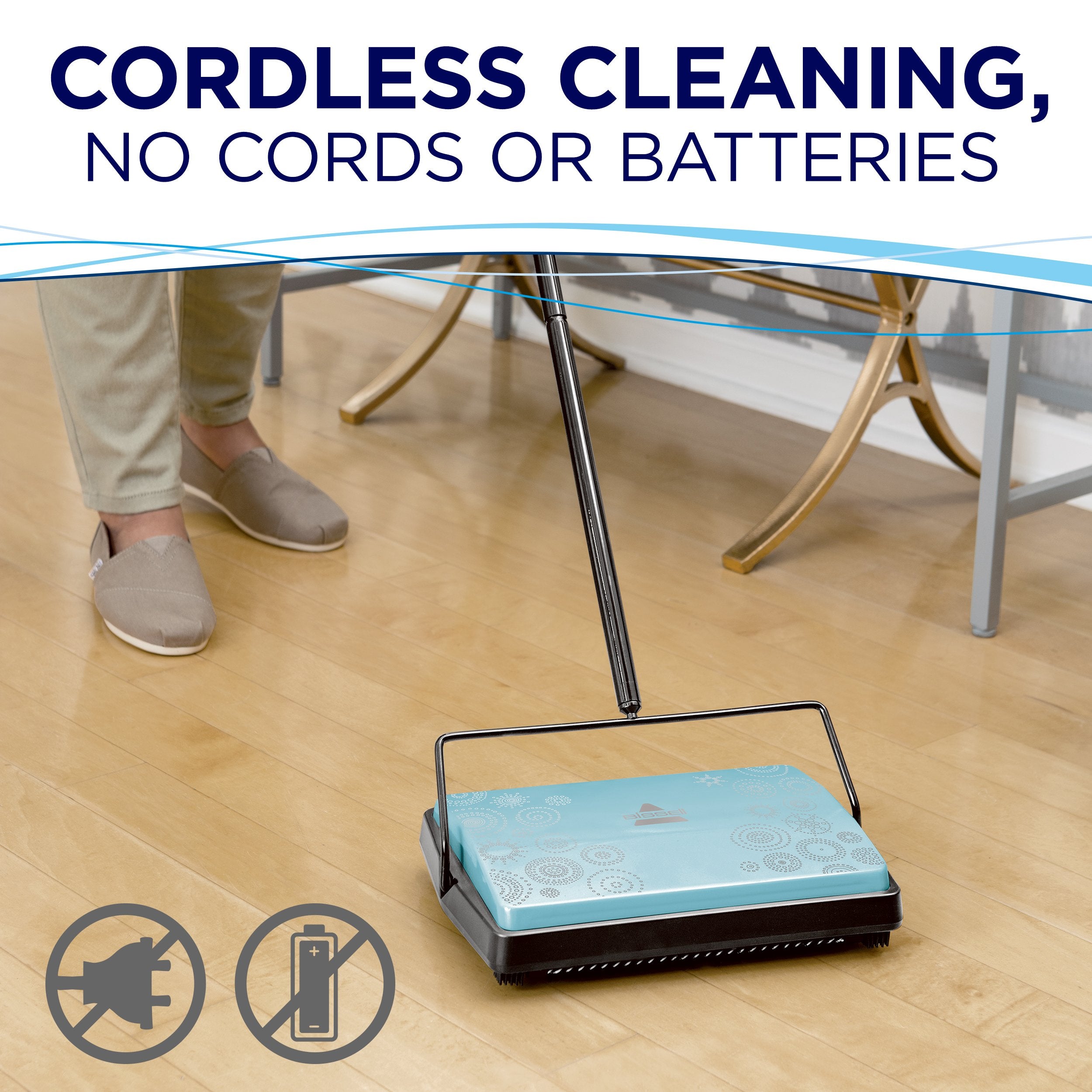 Bissell Refresh Manual Sweeper Pirouette blue cleaning system close-up.