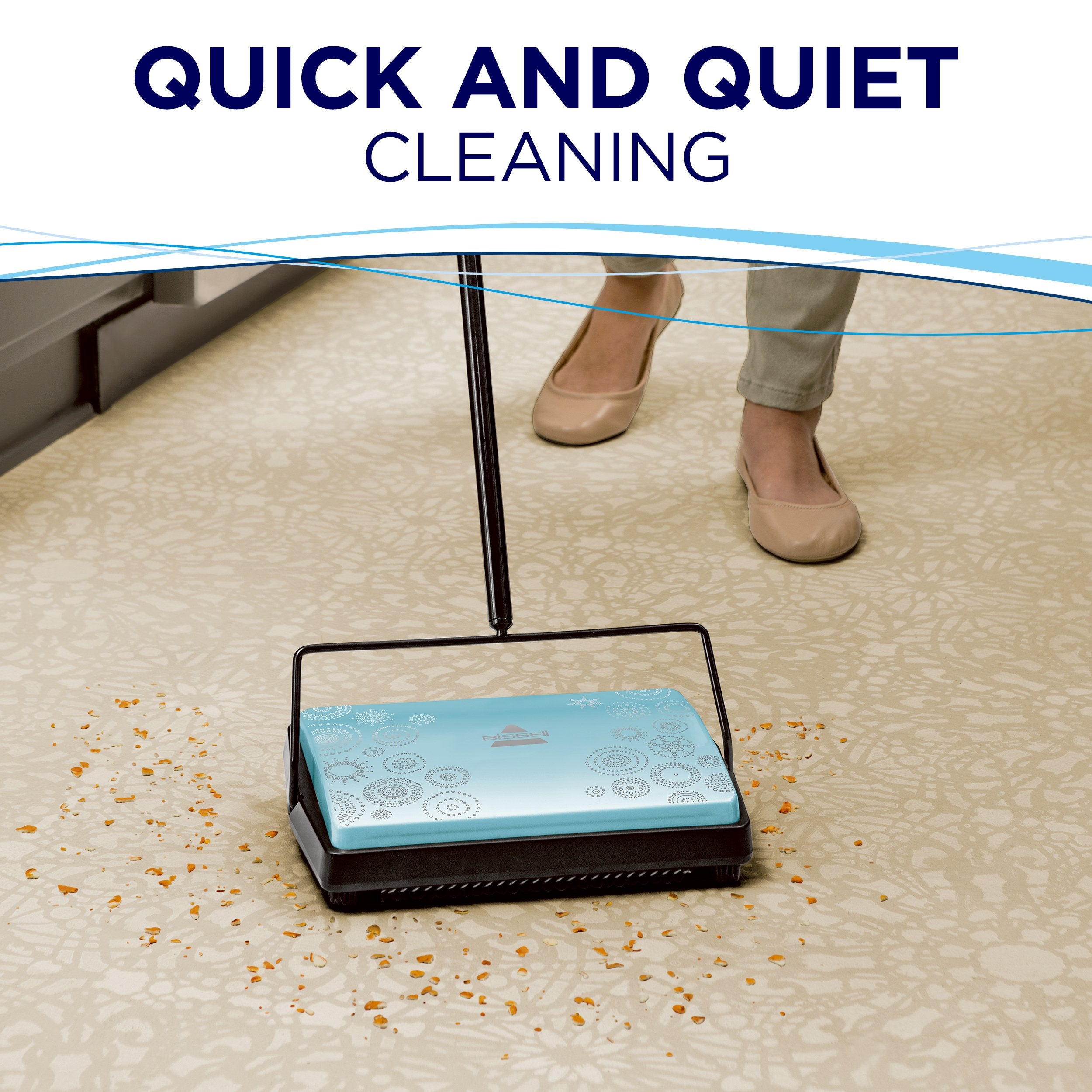 Bissell Refresh Pirouette blue sweeper side angle showing lightweight design.