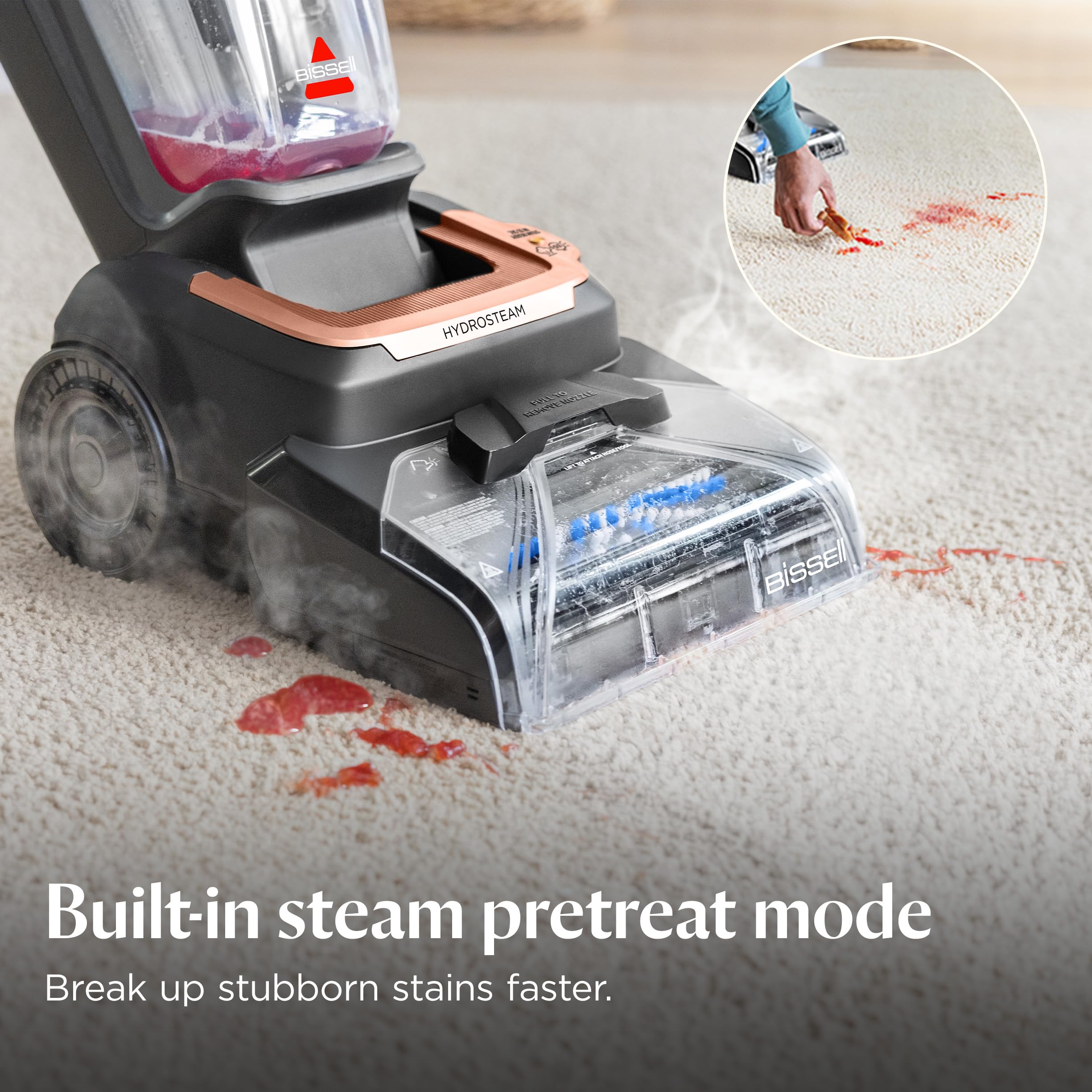 4-inch self-cleaning tough stain tool in action on a carpet