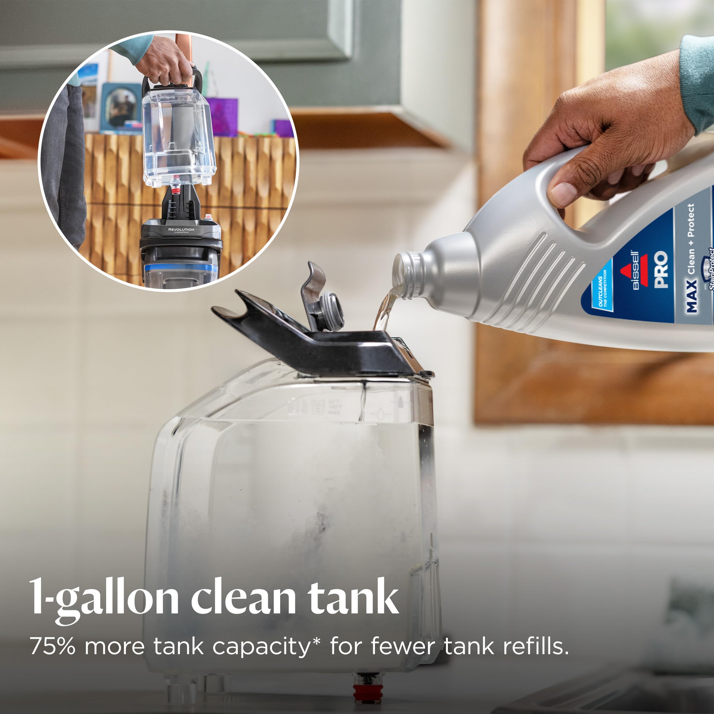 1-gallon clean tank emphasizing extended cleaning without frequent refills