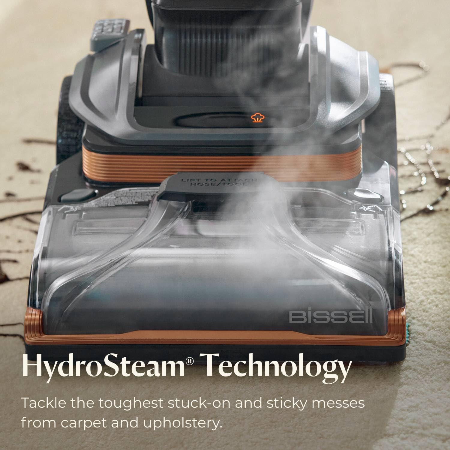 Bissell HydroSteam Pretreat mode in action, removing tough stuck-on messes.