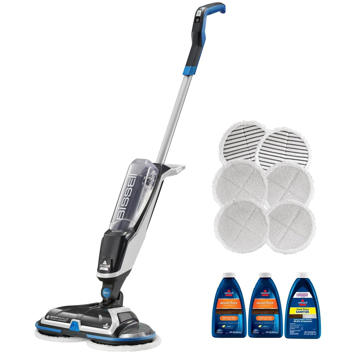 Bissell SpinWave cordless hard floor cleaner front view shows clean surfaces.