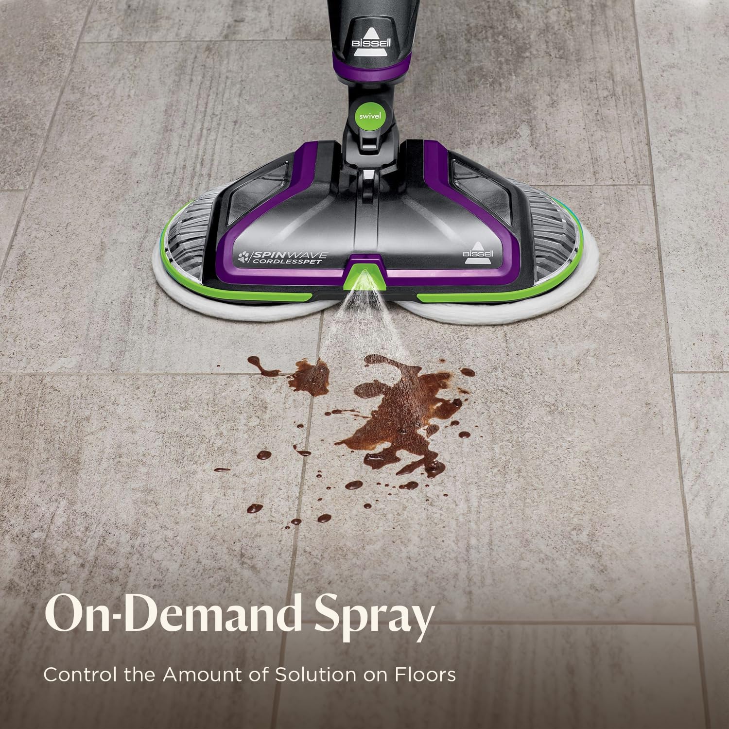 Bissell SpinWave cordless PET mop on tile demonstrates safe cleaning