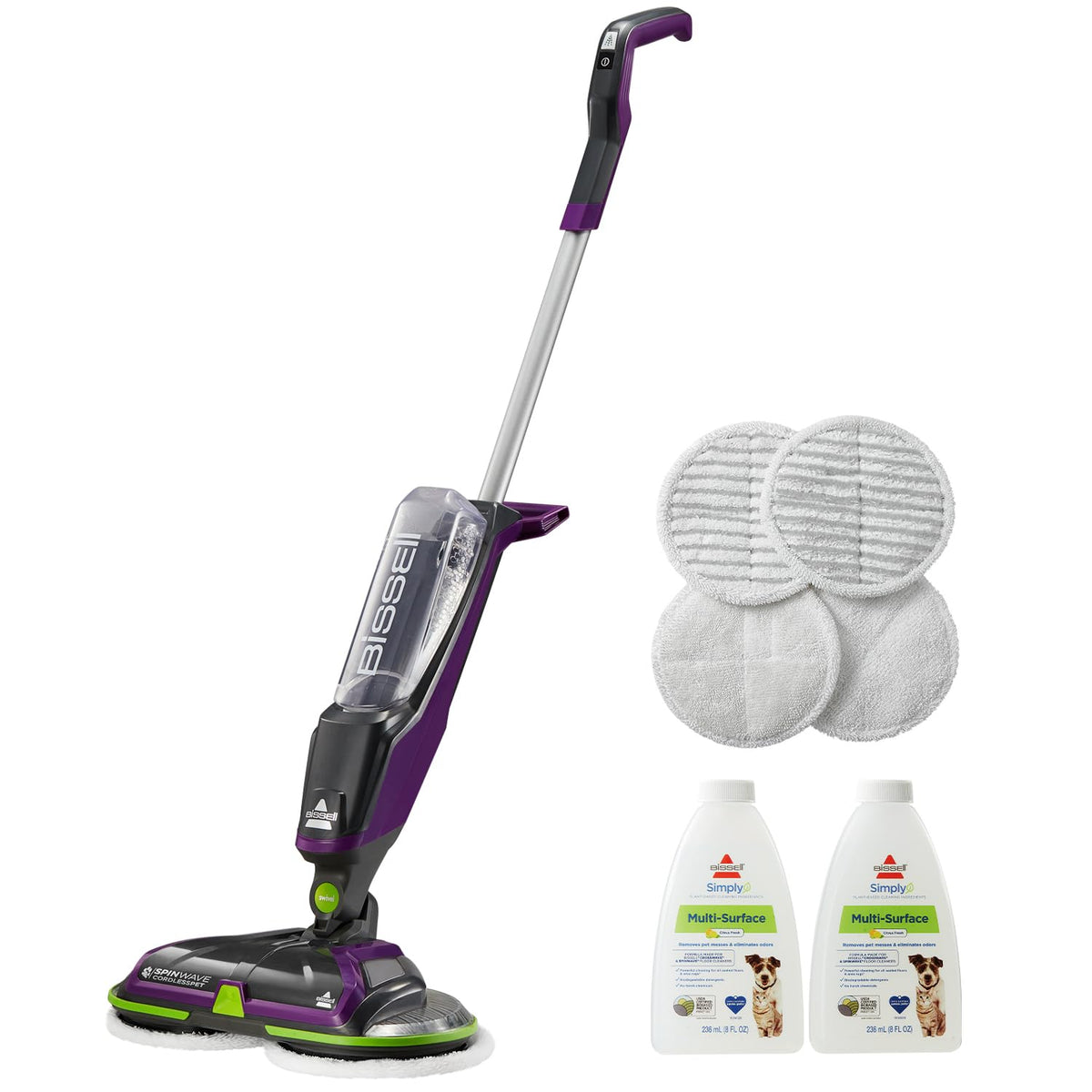 Bissell SpinWave cordless PET mop front view for easy floor cleaning