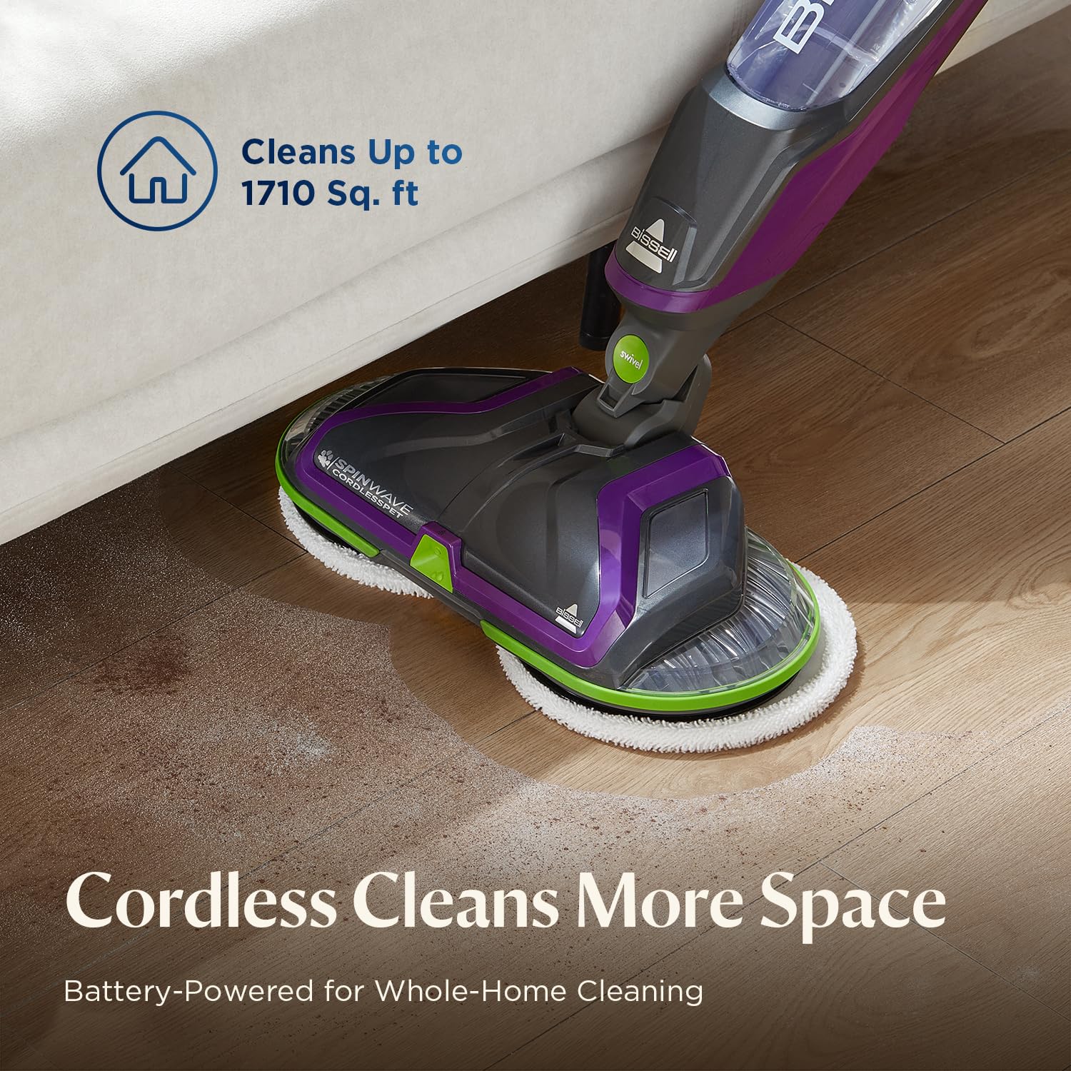 Bissell SpinWave cordless PET mop swivel head reaches tight spaces