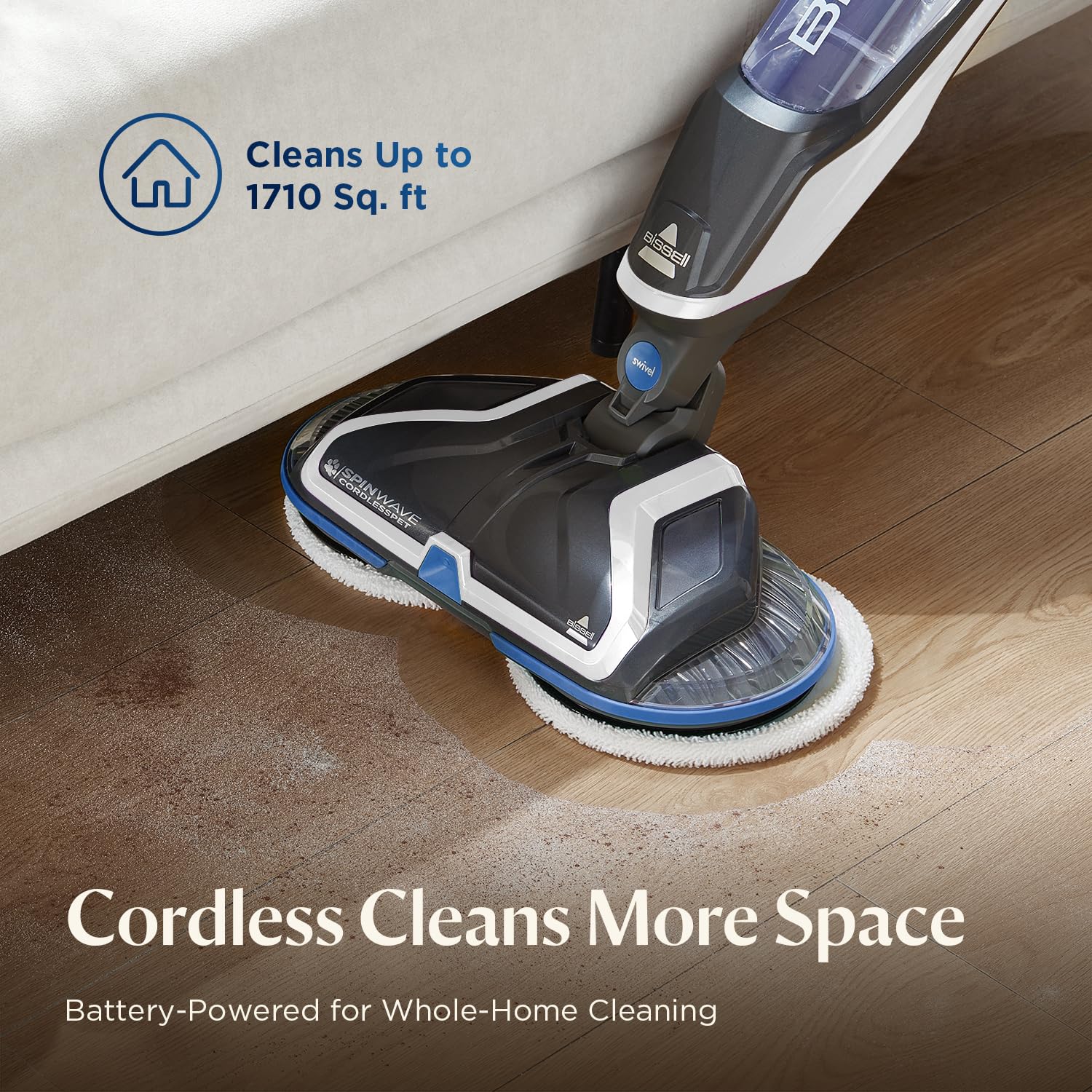Bissell SpinWave swivel head reaches tight spaces around furniture.