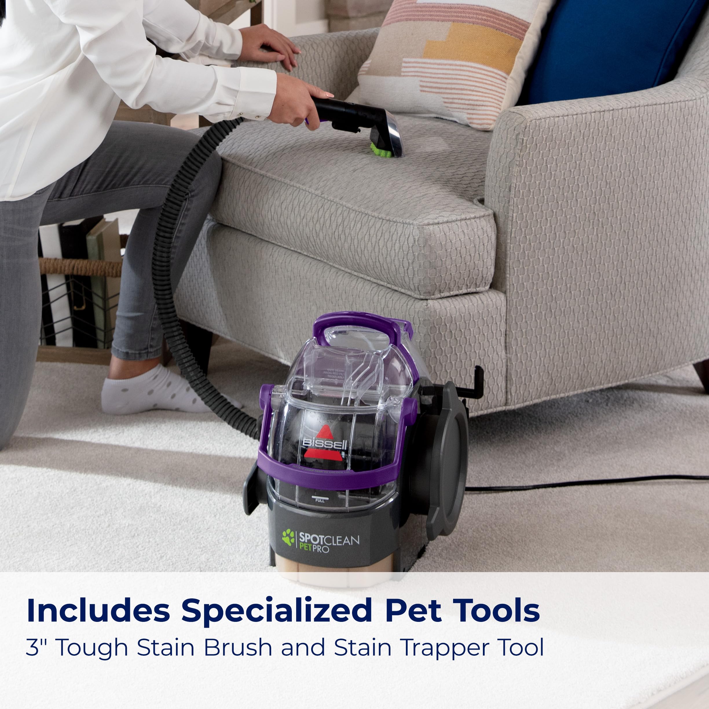 Bissell SpotClean Pro Pet 2458 22ft power cord covers large cleaning areas.