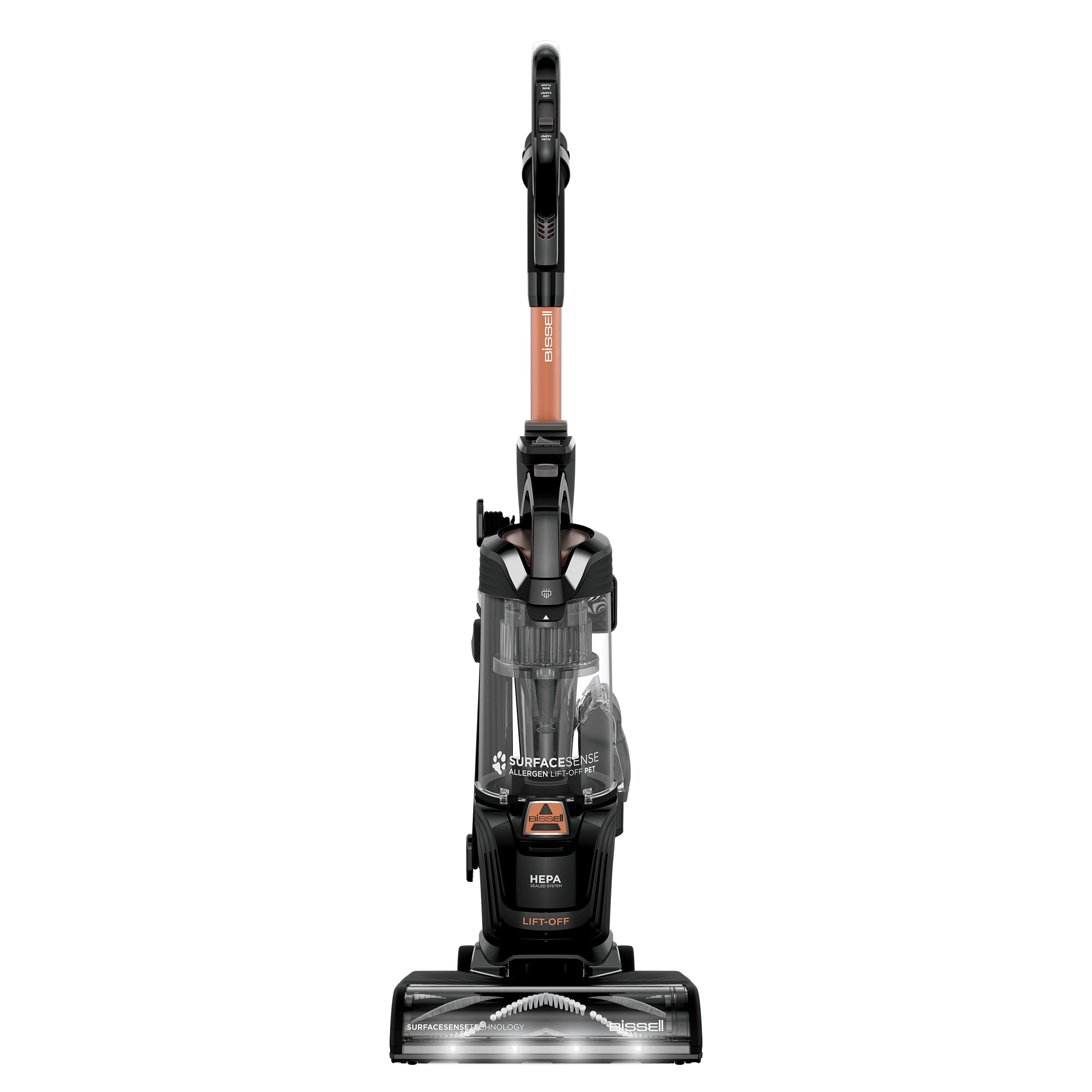 Bissell SurfaceSense Allergen Lift-Off Pet upright cleaning on floor for versatile surfaces.