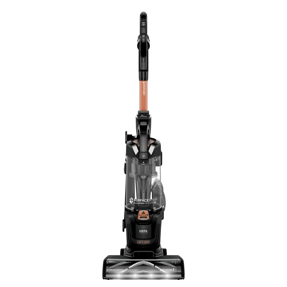 Bissell SurfaceSense Allergen Lift-Off Pet upright cleaning on floor for versatile surfaces.