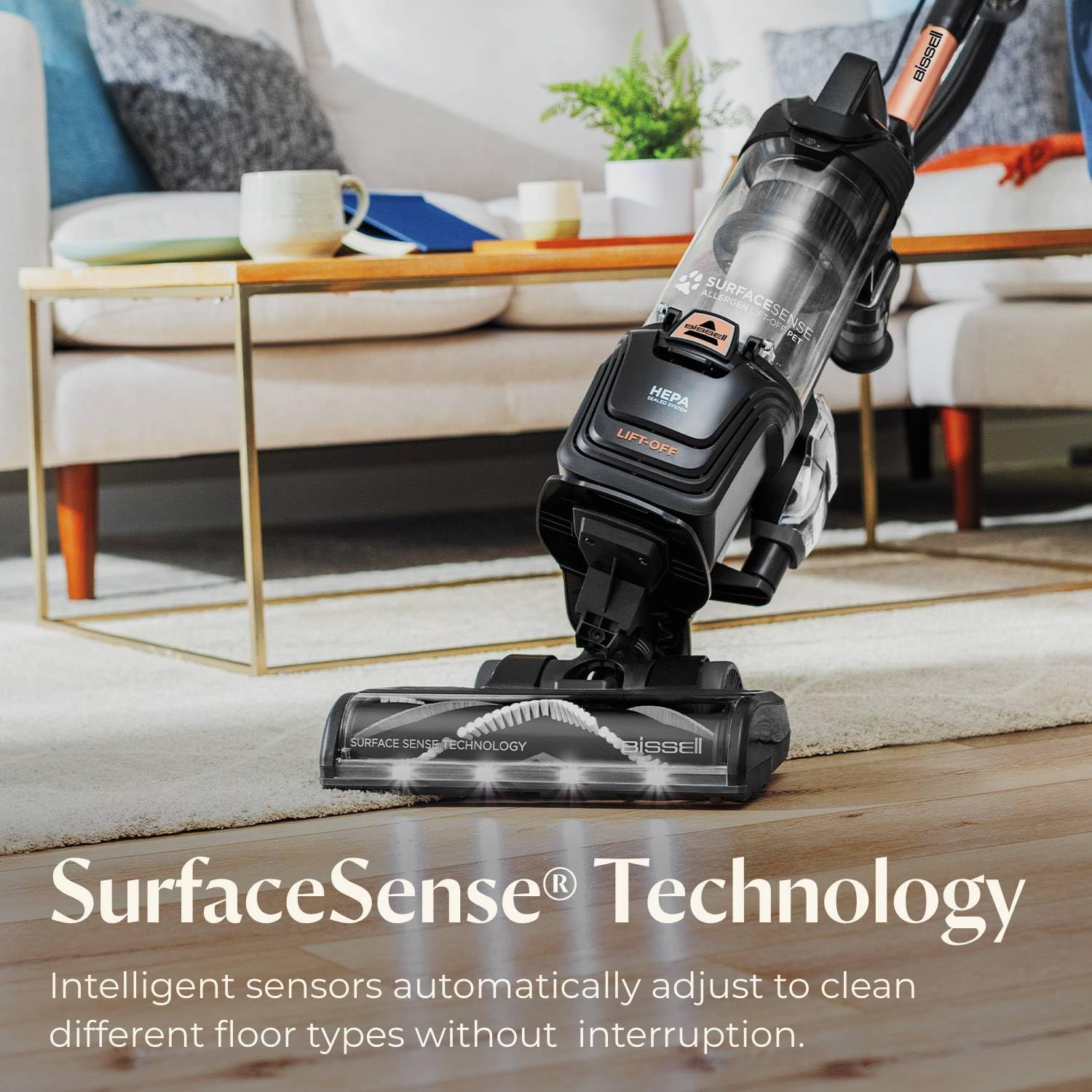 Bissell SurfaceSense tangle-free brush roll reduces hair wrap during pet messes.