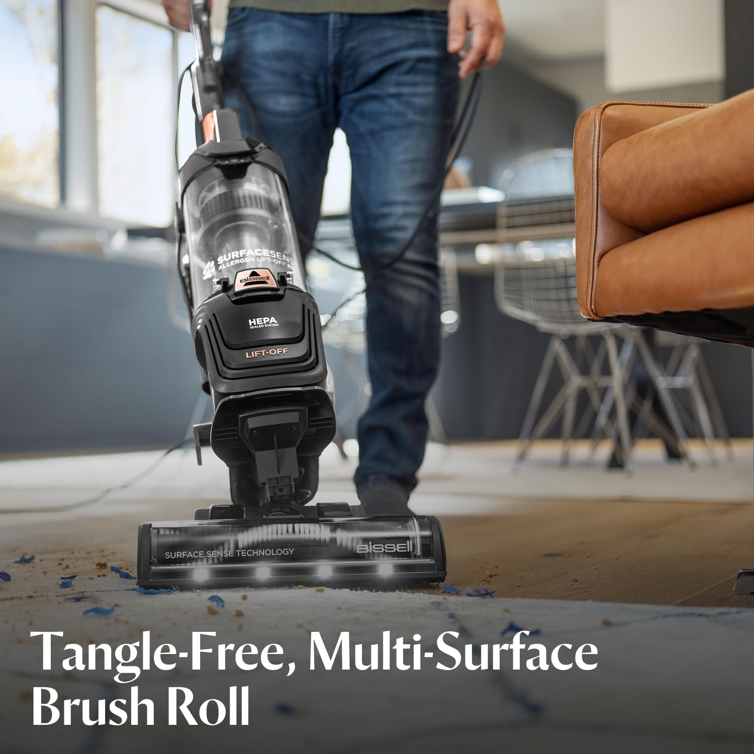 Bissell SurfaceSense HEPA sealed allergen system traps dust and allergens inside.