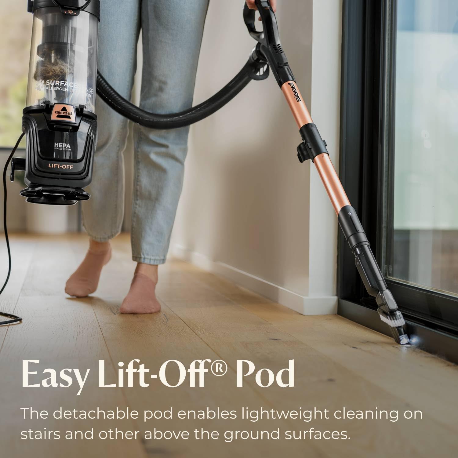 Bissell SurfaceSense LED headlights illuminate hidden dirt for pet-friendly cleaning.