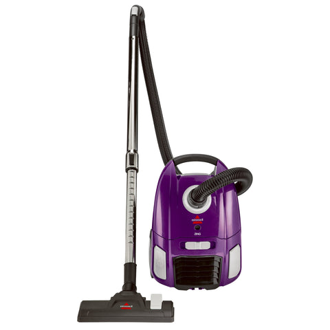 Bissell Zing bagged canister vacuum purple front view for easy portability and quick cleanups.