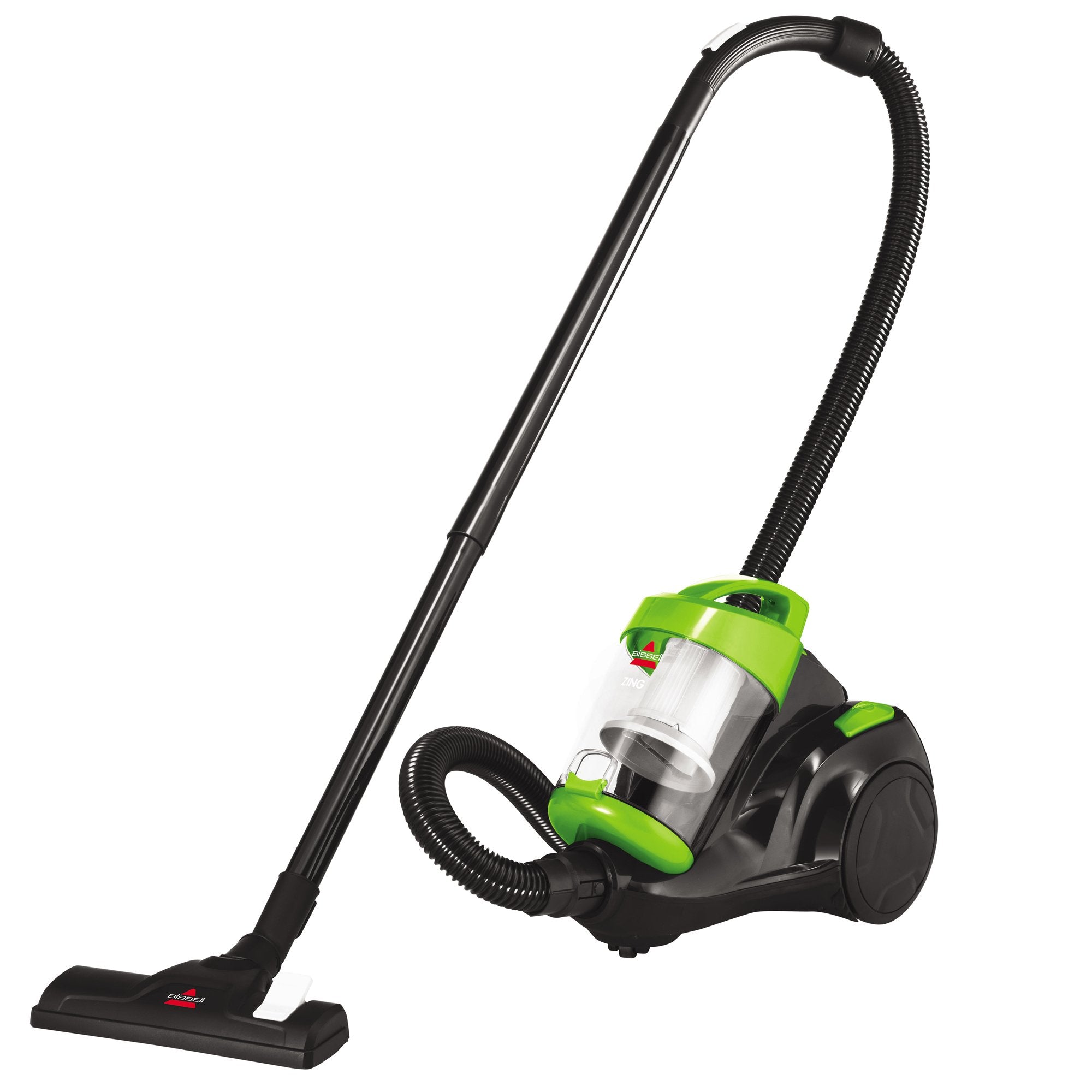 Bissell Zing canister dirt cup showing mess-free emptying