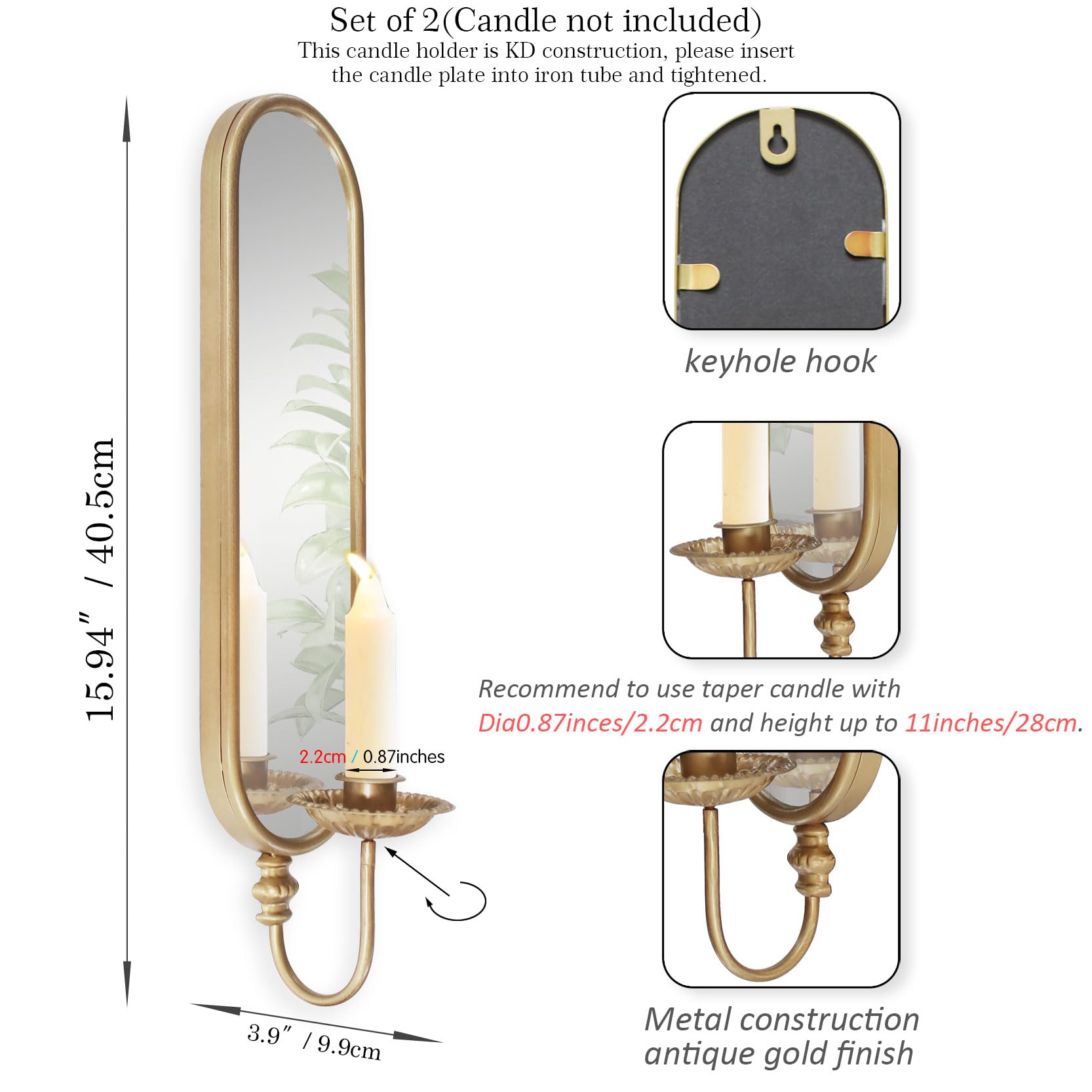 BITALYE wall mount candle sconce with mirror closeup showing craftsmanship