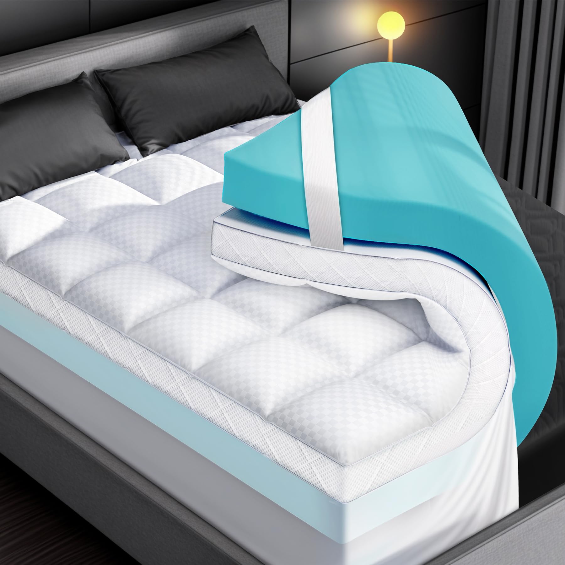 Biteany dual-layer topper on a queen bed with plush pillow-top surface for balanced comfort