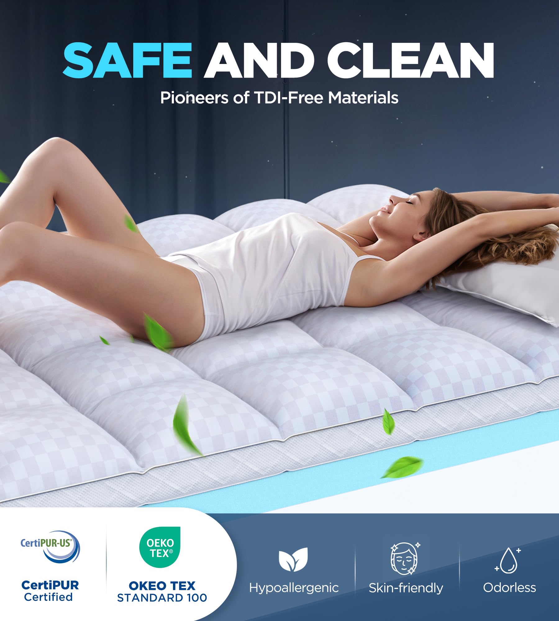 Four corner straps on Biteany topper preventing shifting during sleep
