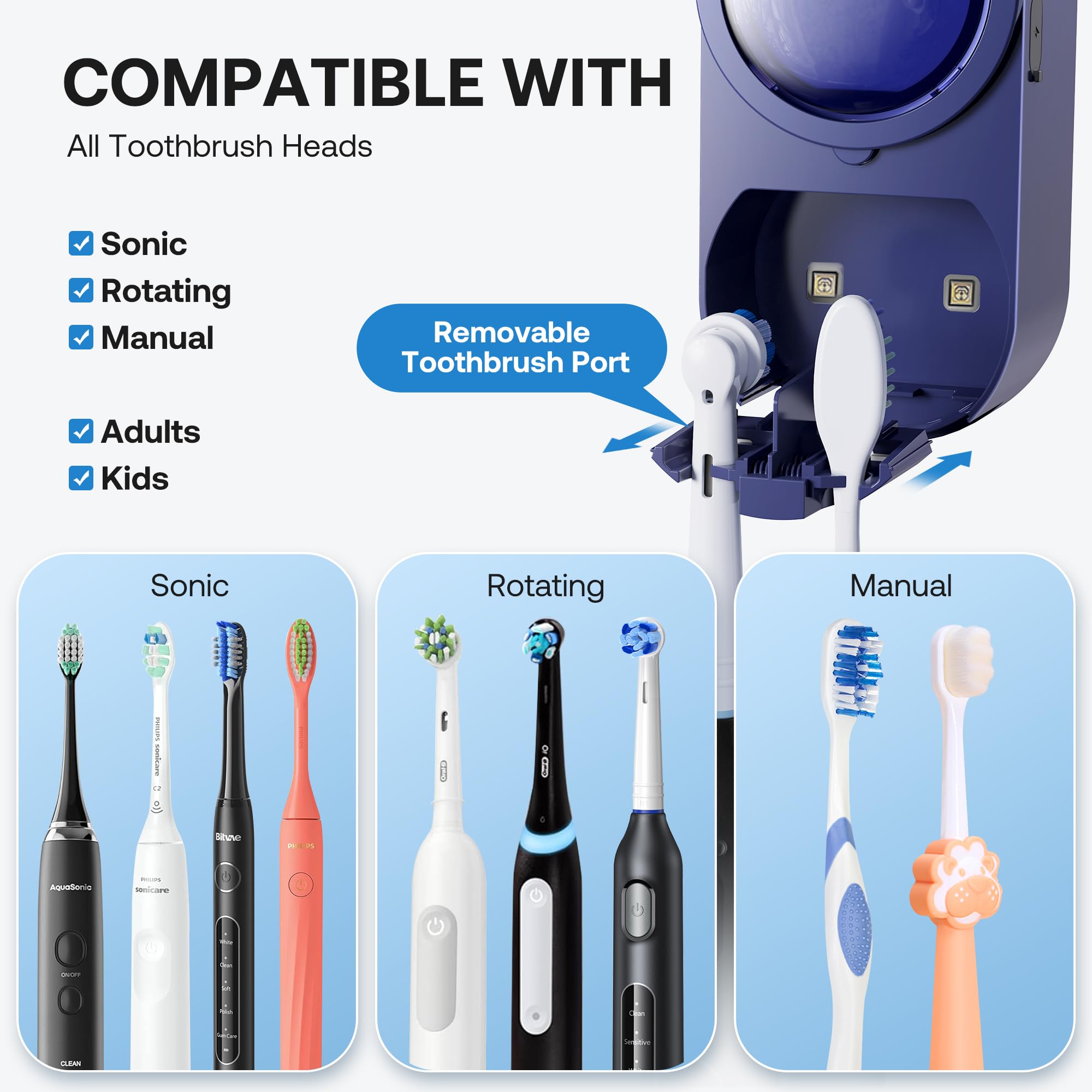 Bitvae dual-slot design fits adult and kids brushes.