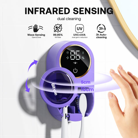 Bitvae toothbrush cleaner wall-mounted on bathroom surface to save counter space.
