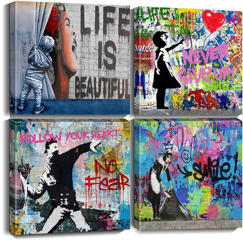 Biufo Banksy canvas wall art four‑piece set adds urban flair to a bedroom.