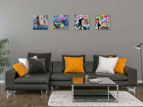Biufo Banksy graffiti street art prints arranged in living room setup.