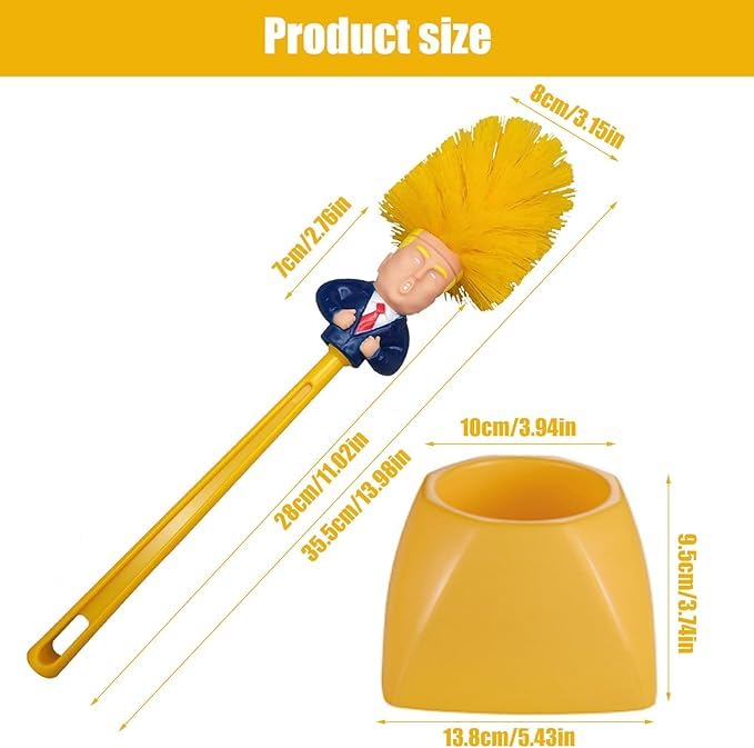 Bivpreom Trump toilet brush with cartoon head adds humor to bathroom.