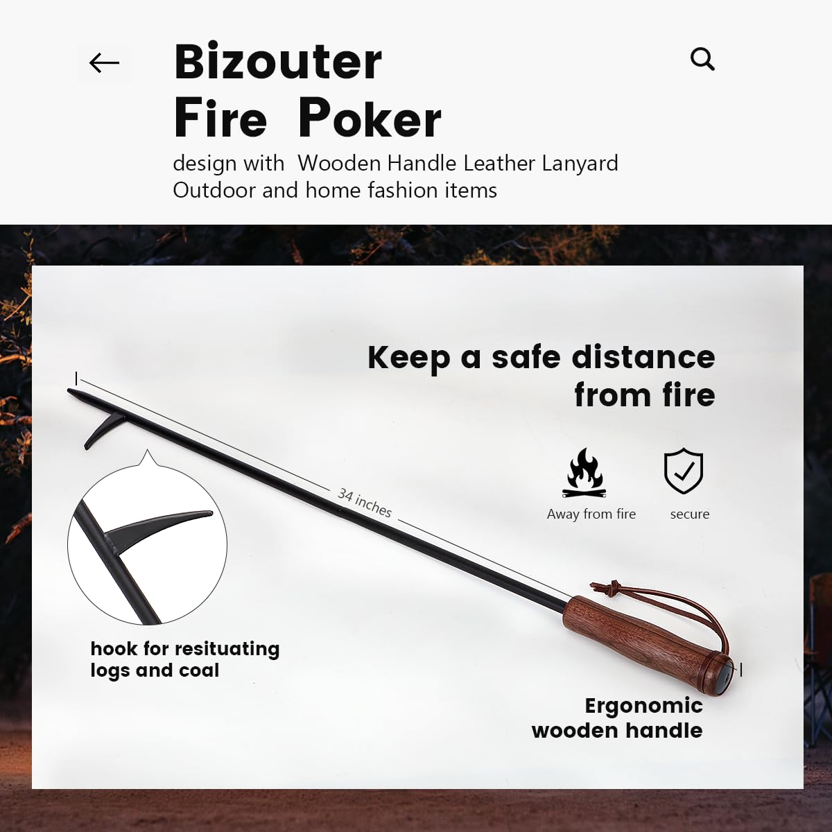 BIZOUTER backyard-campfire-poker ideal for raking coals and turning logs.