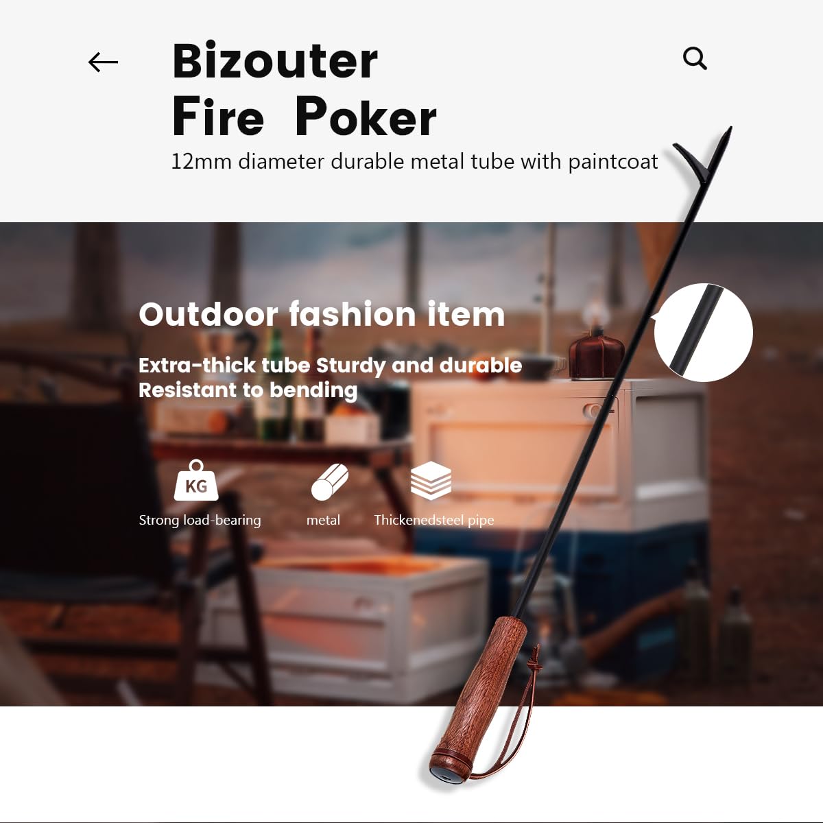 BIZOUTER fire-poker-blow-stick with integrated airflow for ignition.