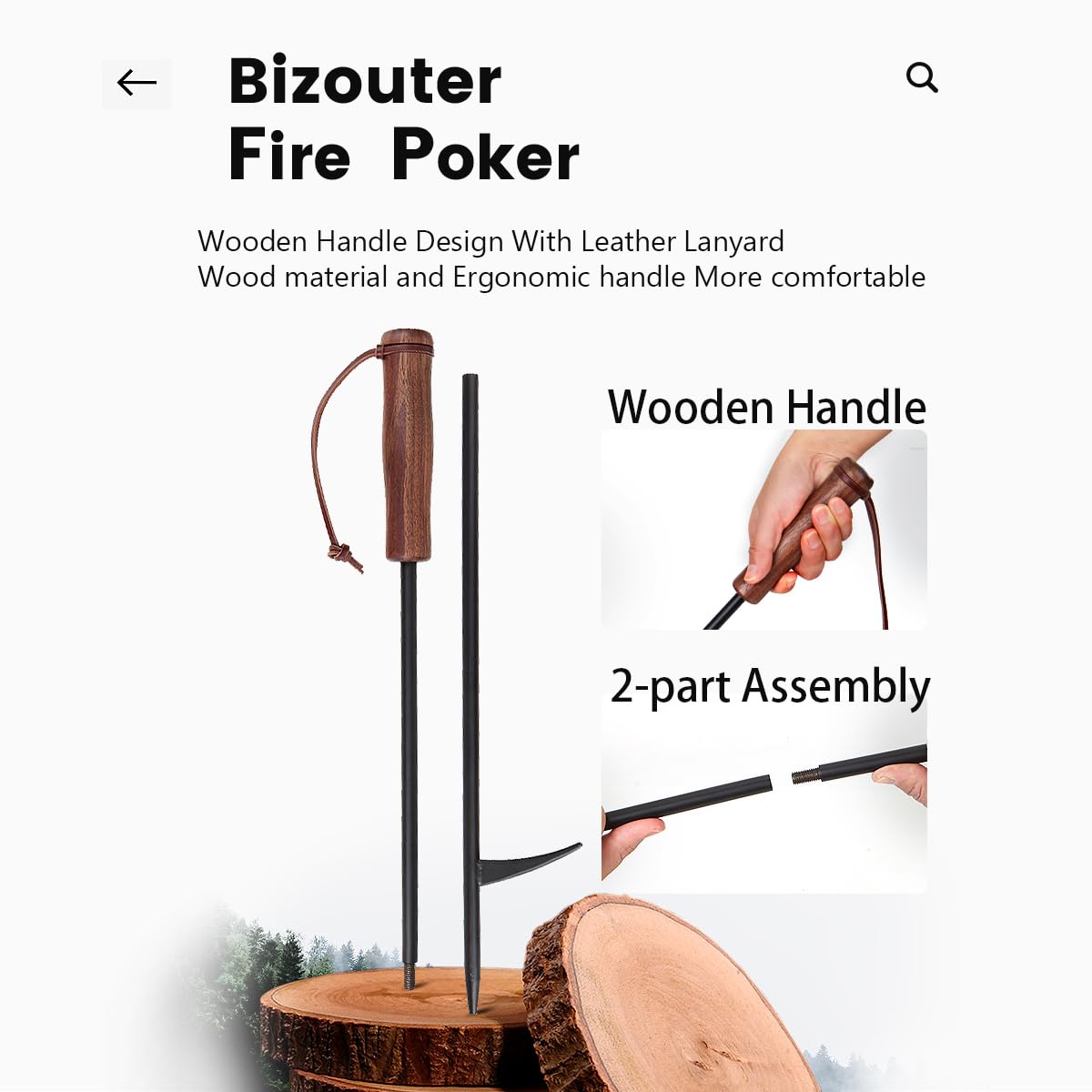 BIZOUTER wooden-handle fire tool highlighting ergonomic grip.