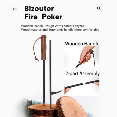 BIZOUTER wooden-handle fire tool highlighting ergonomic grip.