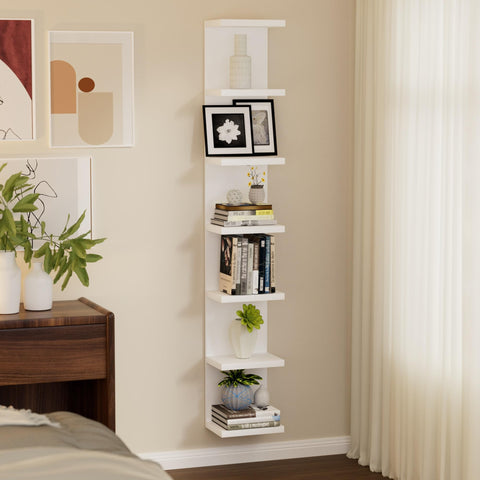Bkaleme 7-tier white shelf displays books and decor for a stylish home library corner.