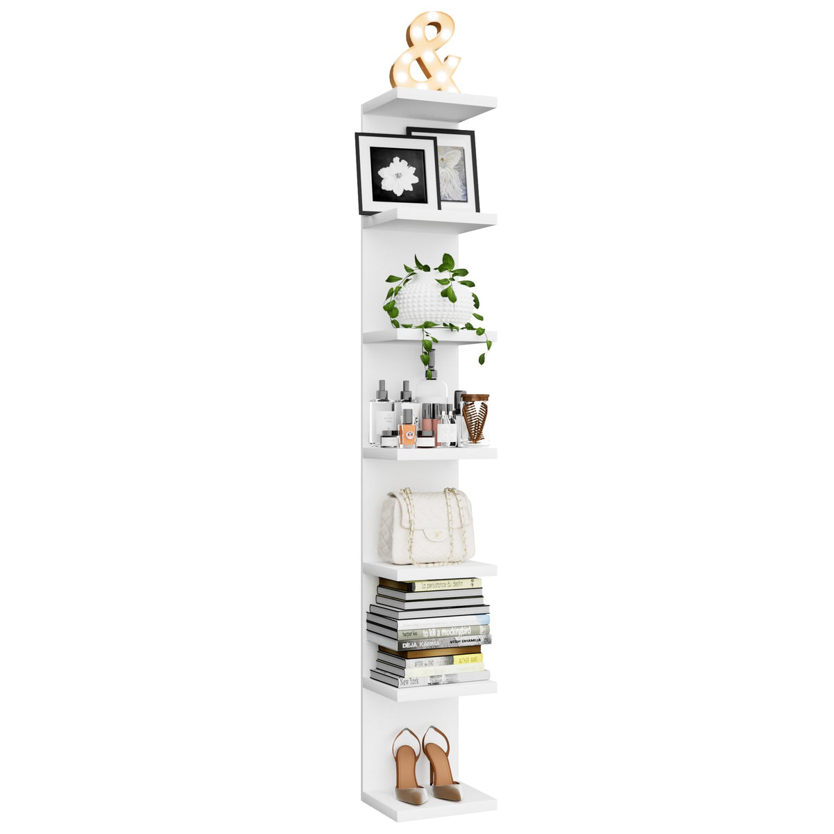 Bkaleme 7-tier white wall shelf unit, left view, expands wall storage for neat, clutter-free living spaces.