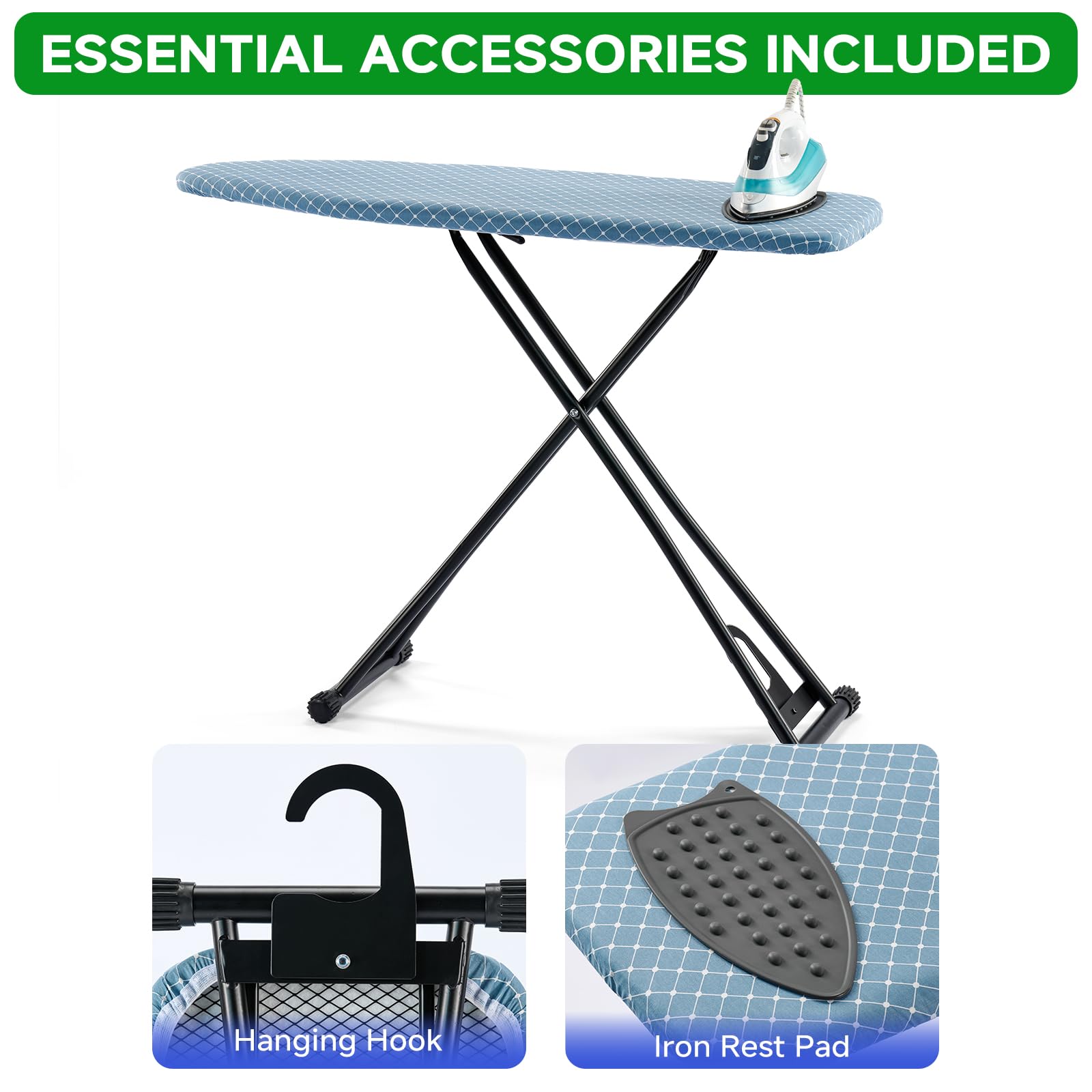BKTD sturdy steel frame with anti-slip feet for stable ironing sessions.