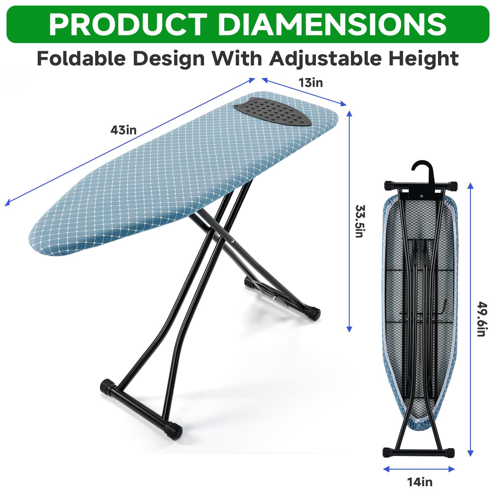 BKTD height adjustment up to 49.6 inches for standing or seated ironing.