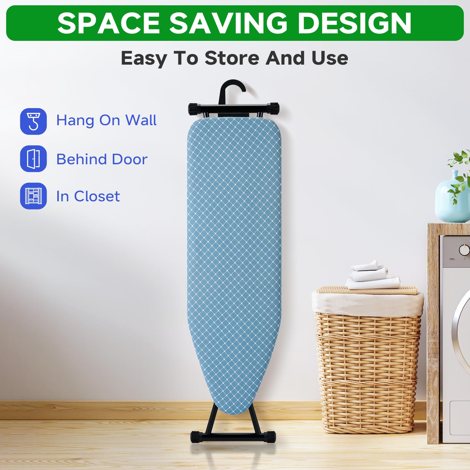 BKTD iron rest pad and wall hook enable safe vertical storage.