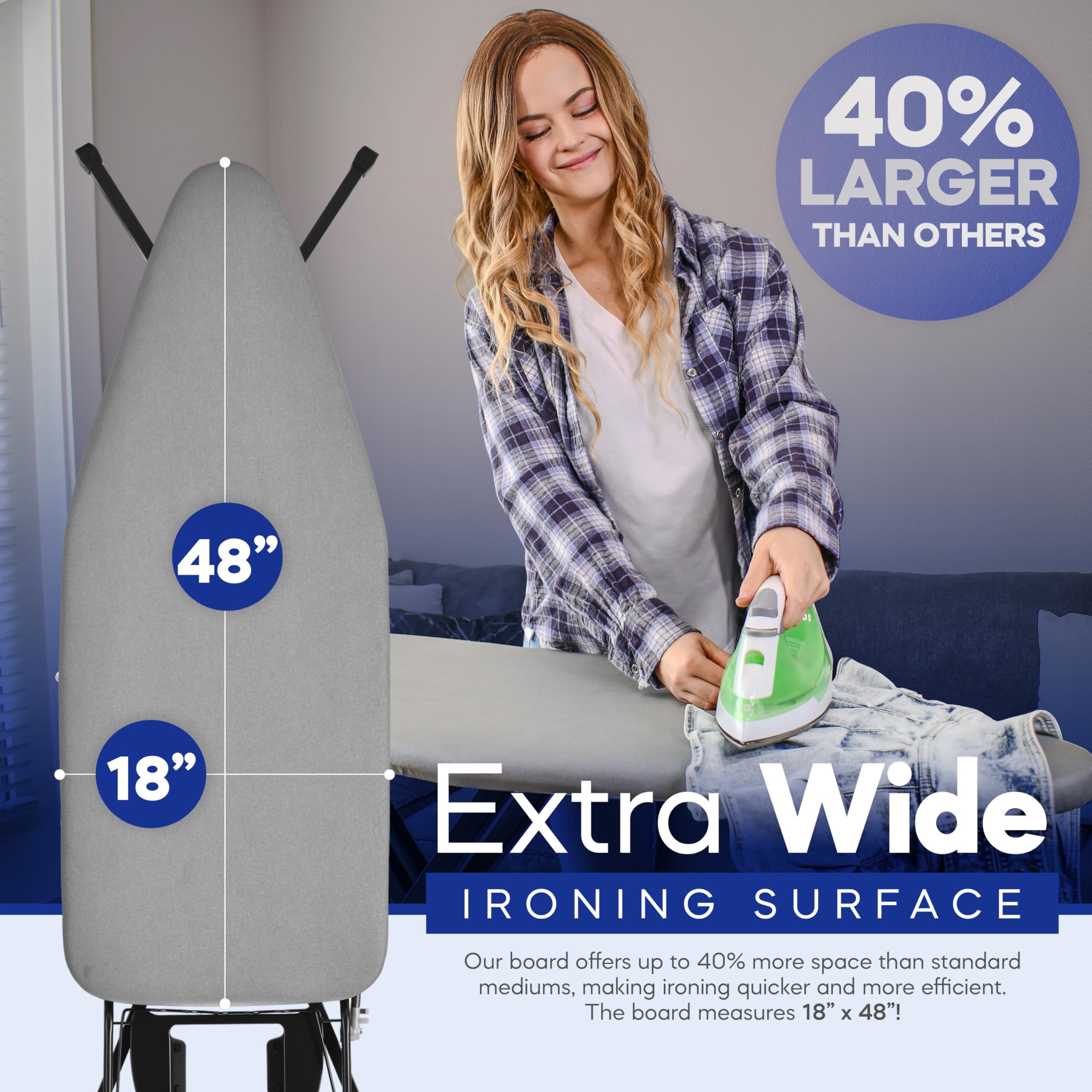 BKTD ironing board shows built-in clothes rack for organized ironing