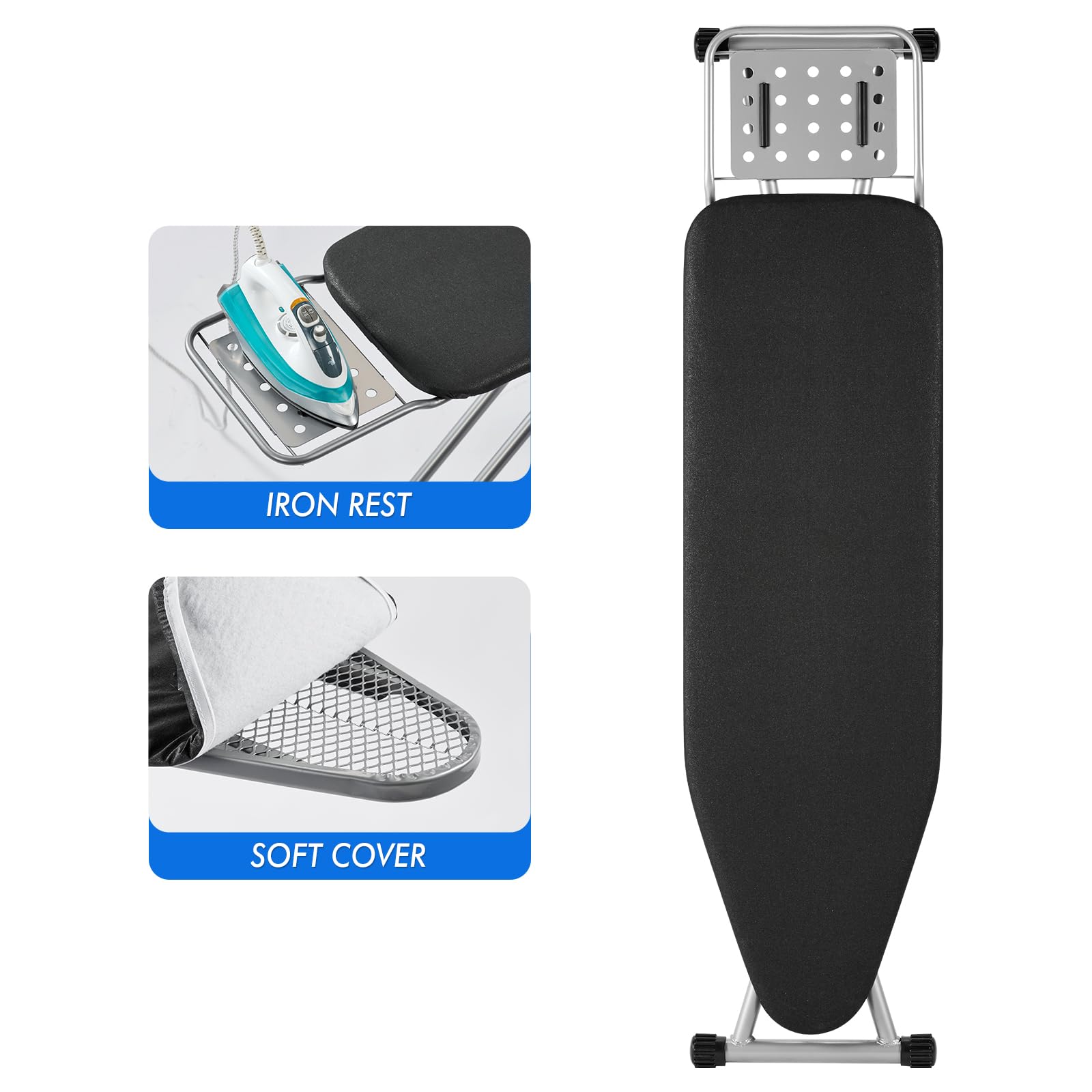 BKTD ironing board with non-slip legs stays steady on any floor surface.