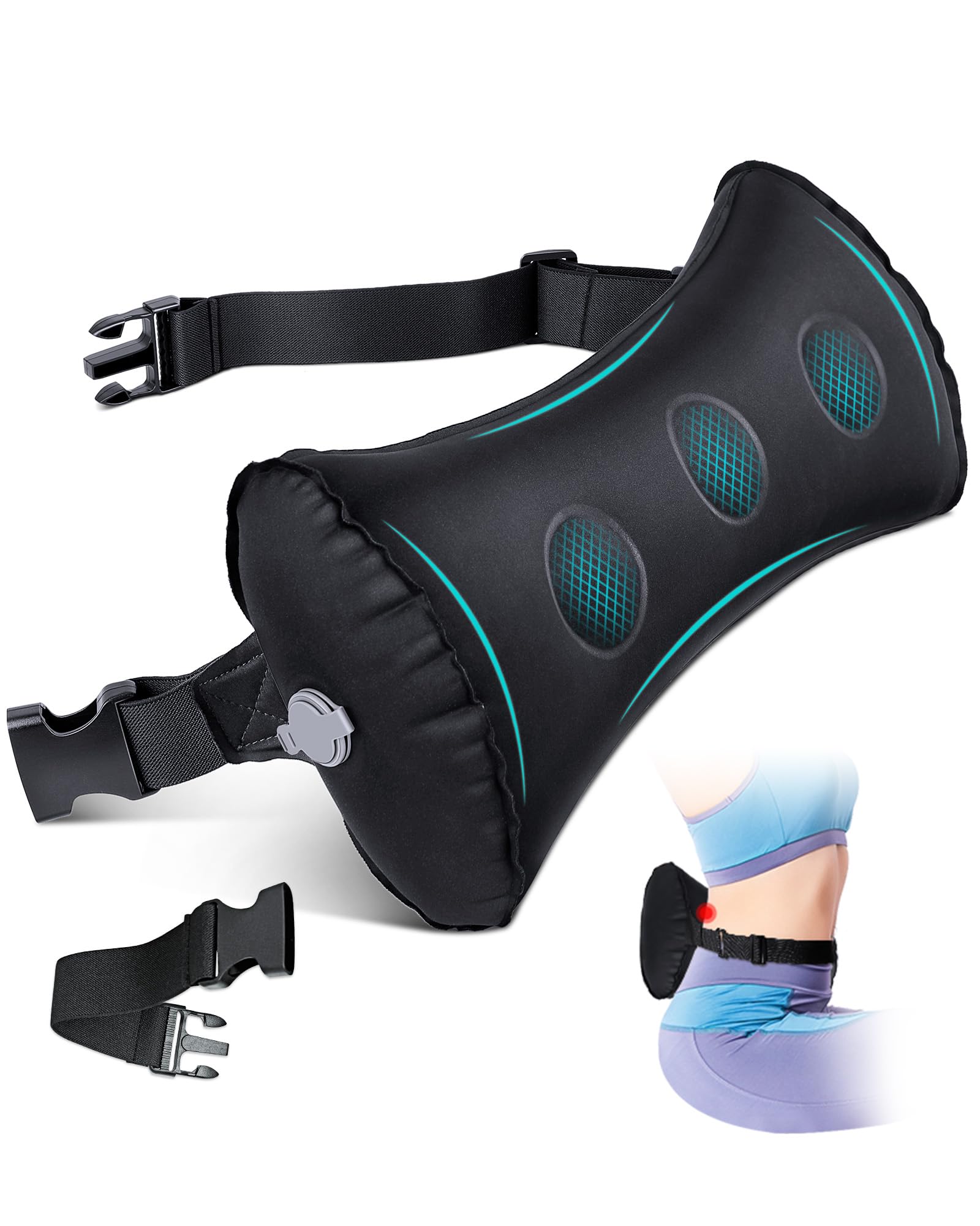 BLABOK inflatable lumbar pillow supports posture during airplane travel