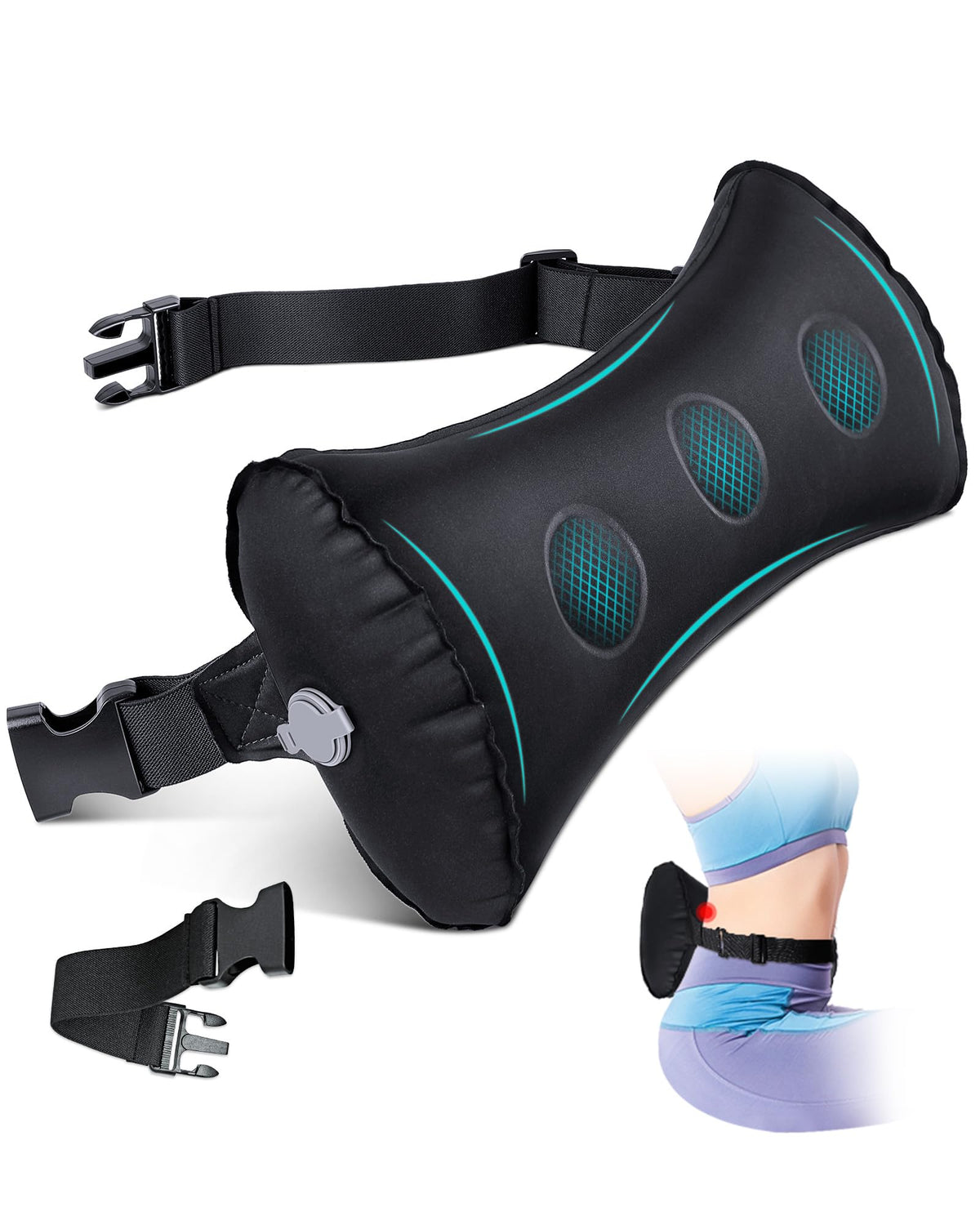 BLABOK inflatable lumbar pillow supports posture during airplane travel