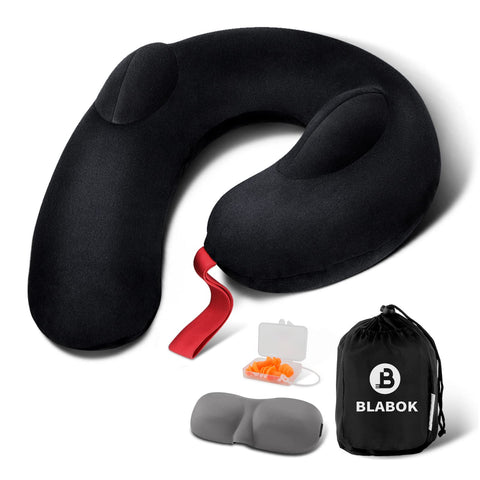 BLABOK patented inflatable travel neck pillow front view showing 360° support