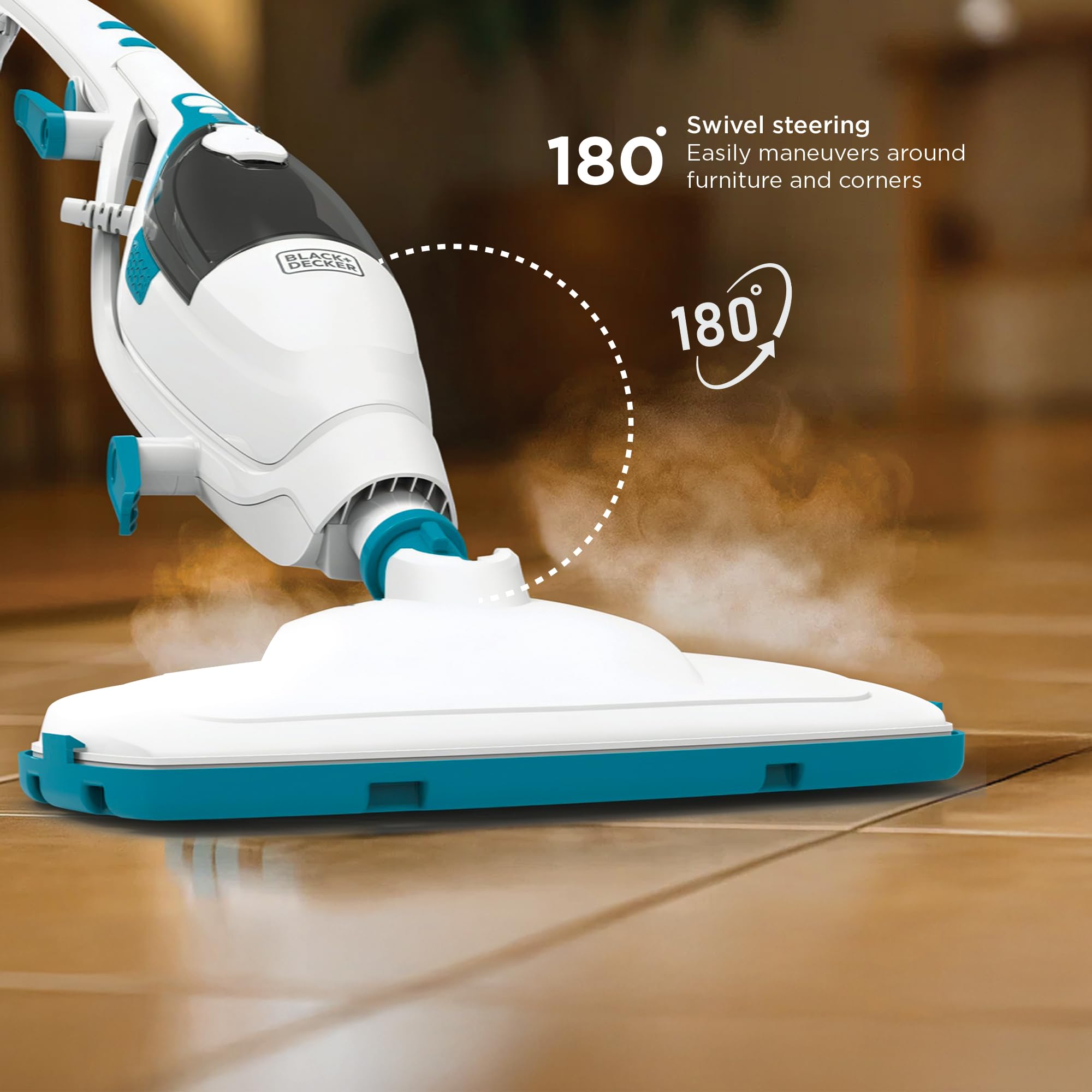 Black+Decker 180-degree swivel enables easy maneuvering.